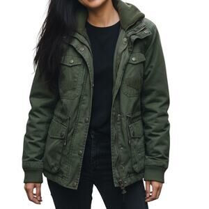 Desigual Green Utility Jacket Knit Cuffs Sherpa Lined Cargo Pockets M